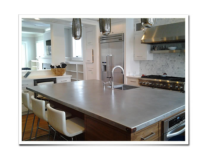 Zinc Countertop with Copper Corner Plates, Rivets, and Integrated Sink
